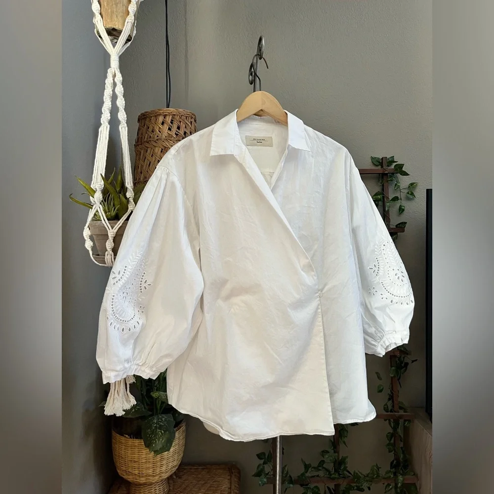 Weekend MaxMara Oversized V Neck Eyelet Wrap Puff Sleeve Blouse Top - Picture 3 of 11